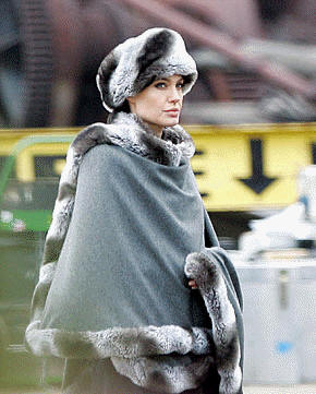 Angelina Jolie wearing a fake fur costume for the movie "Salt"